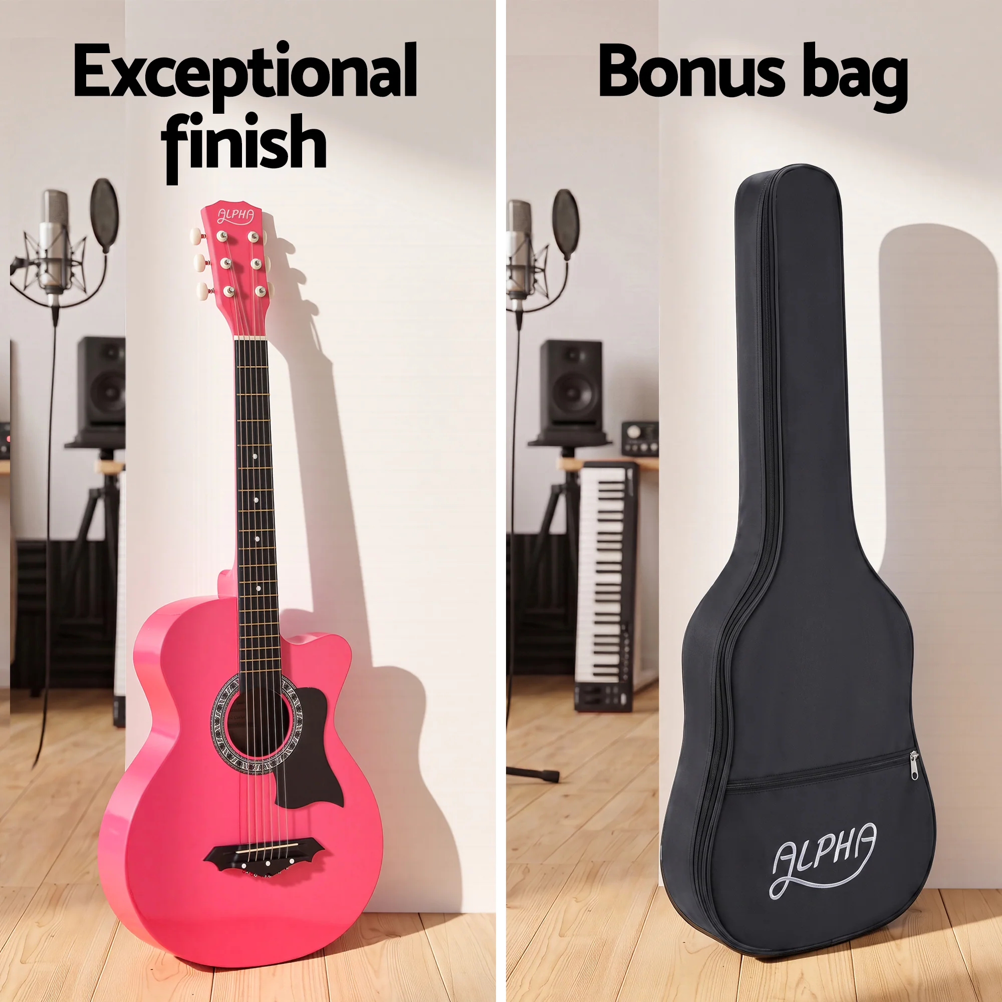 Alpha 38" Acoustic Guitar Folk Cutaway Steel String Pink With Carry Bag - Image 6