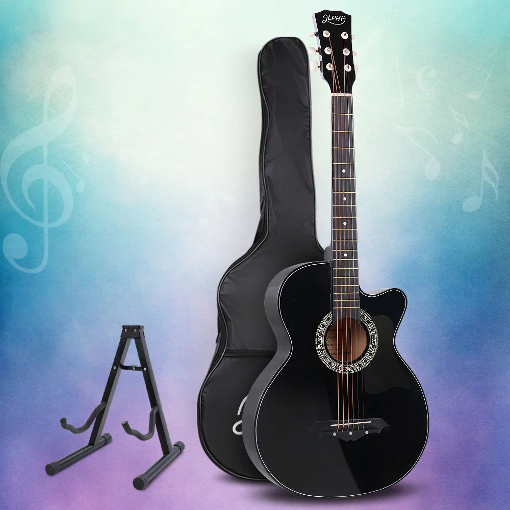 Alpha 38" Acoustic Guitar Wooden Body Steel String Full Size with Stand Black - Image 2