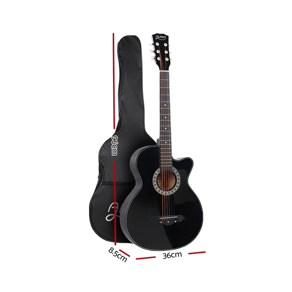 Alpha 38" Acoustic Guitar Wooden Body Steel String Full Size with Stand Black - Image 3