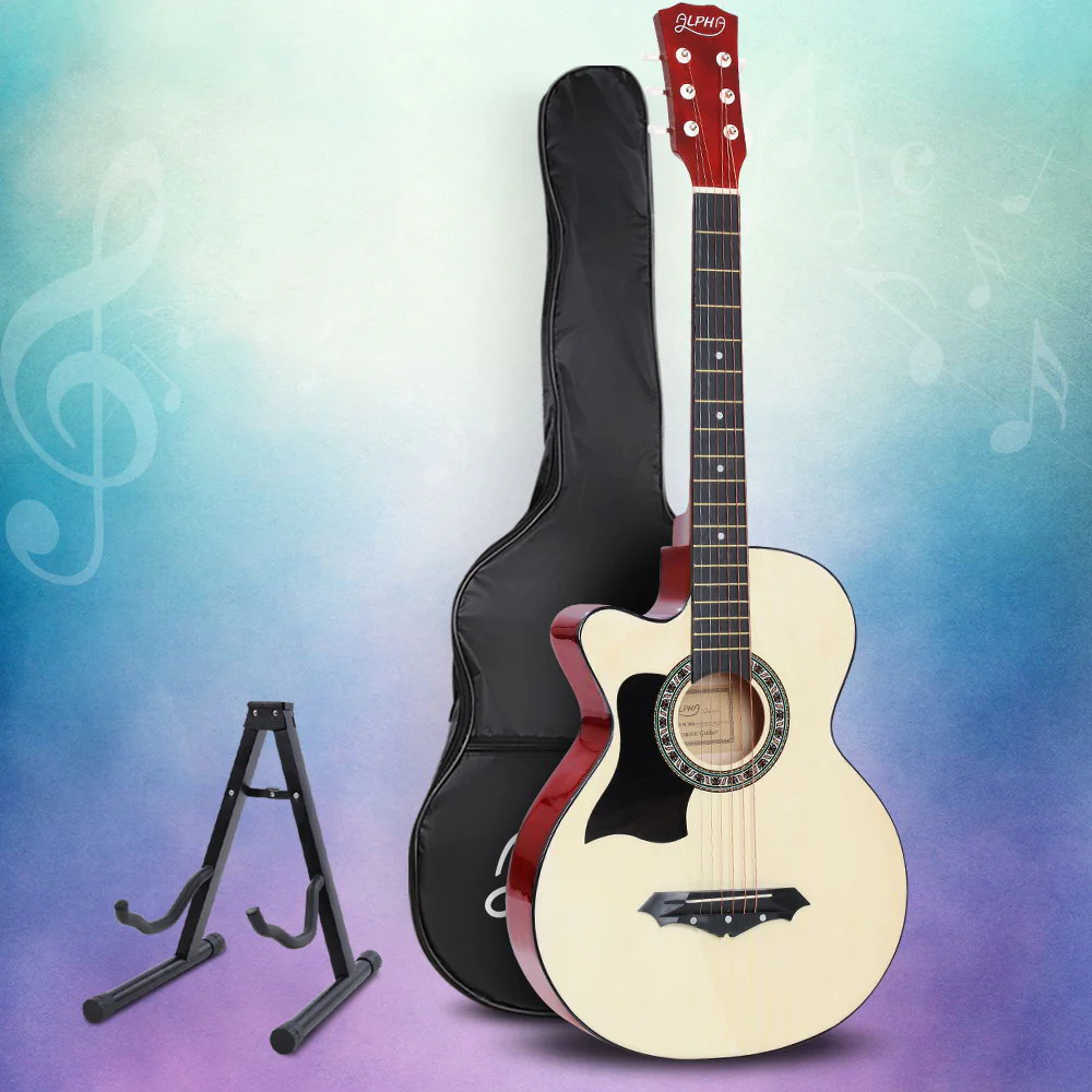 Alpha 38" Acoustic Guitar Wooden Body Steel String with Stand Left Handed - Image 2