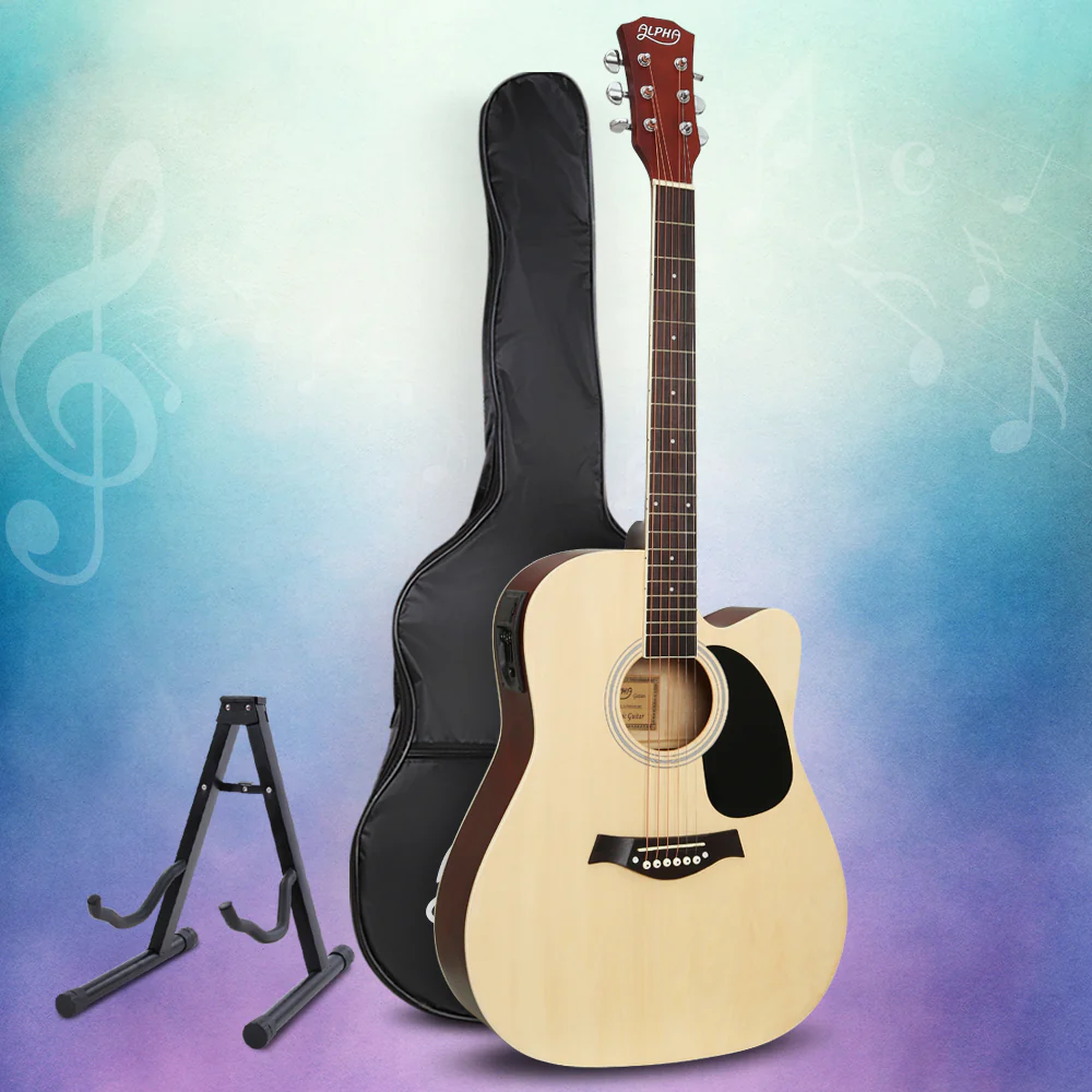 Alpha 41" Acoustic Guitar Equaliser Electric Output Cutaway with Stand Wood - Image 2