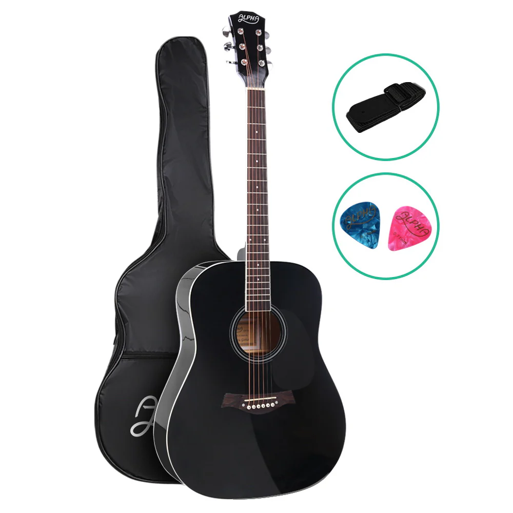 Alpha 41" Acoustic Guitar Wooden Body Steel String Dreadnought (Black)