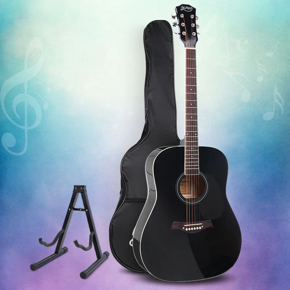 Alpha 41" Acoustic Guitar Wooden Body Steel String Dreadnought Stand Black - Image 2