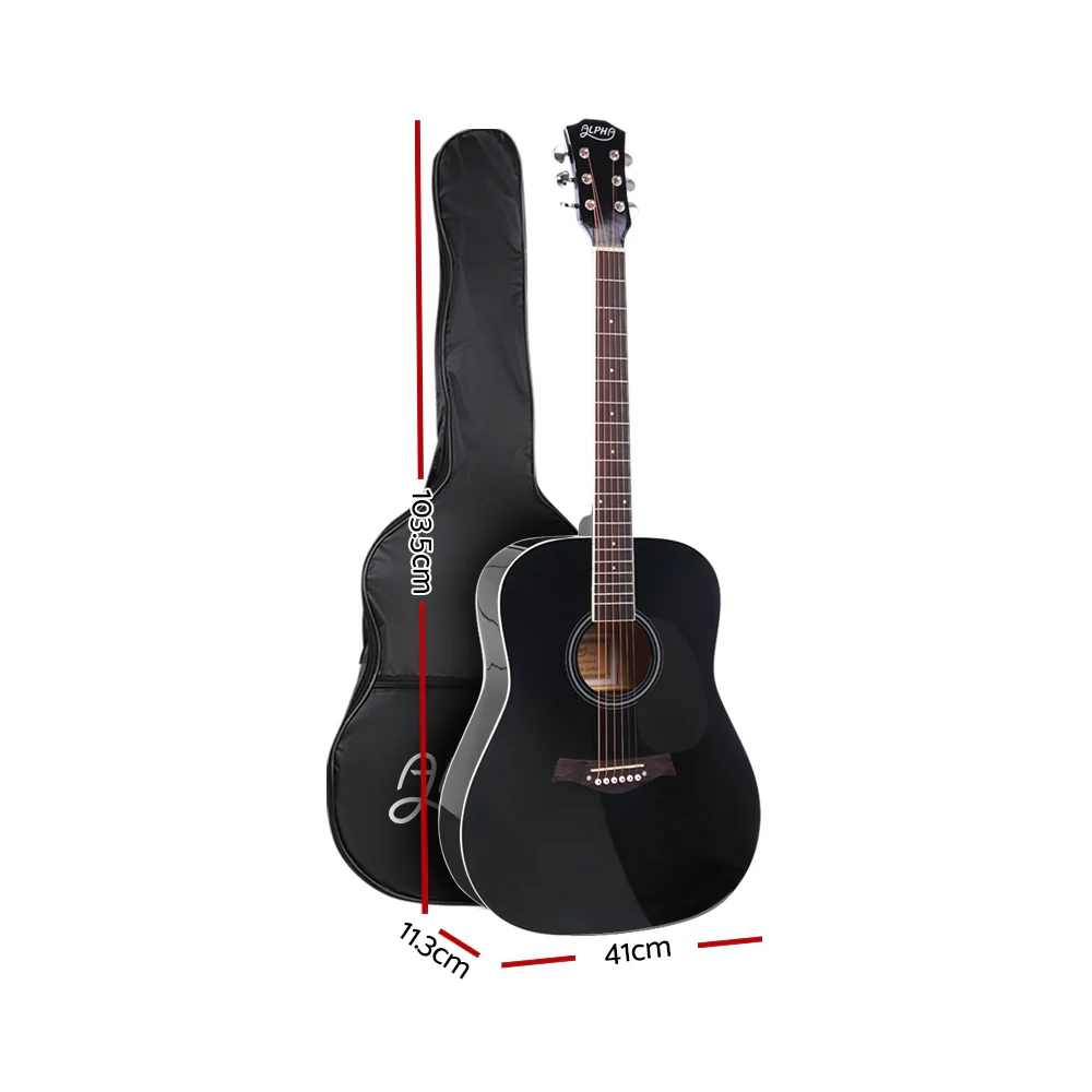 Alpha 41" Acoustic Guitar Wooden Body Steel String Dreadnought Stand Black - Image 3