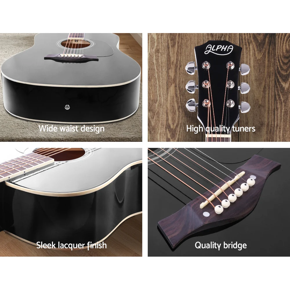 Alpha 41" Acoustic Guitar Wooden Body Steel String Dreadnought Stand Black - Image 6