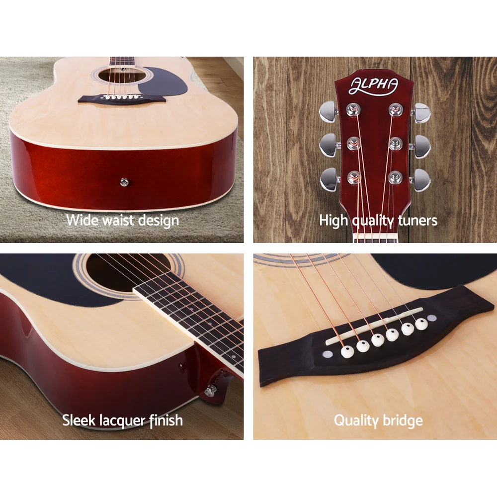 Alpha 41" Acoustic Guitar Wooden Body Steel String Dreadnought Stand Wood - Image 6