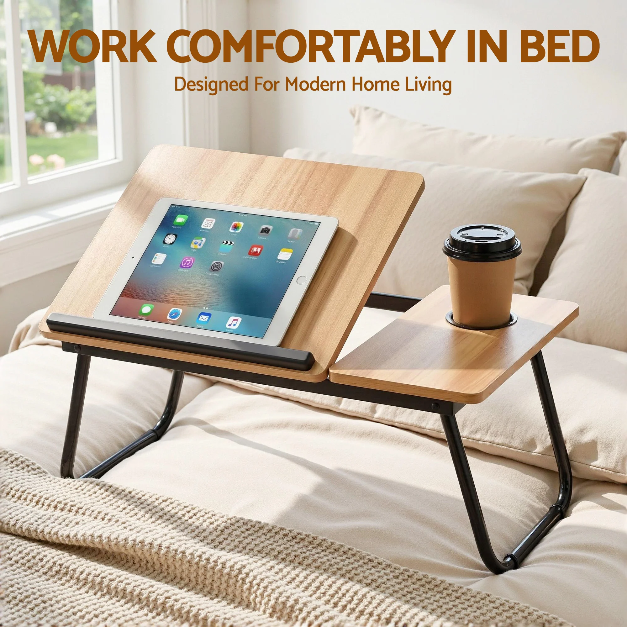 Artiss Laptop Desk Bed Table Foldable Portable Desktop Oak - Image 4
