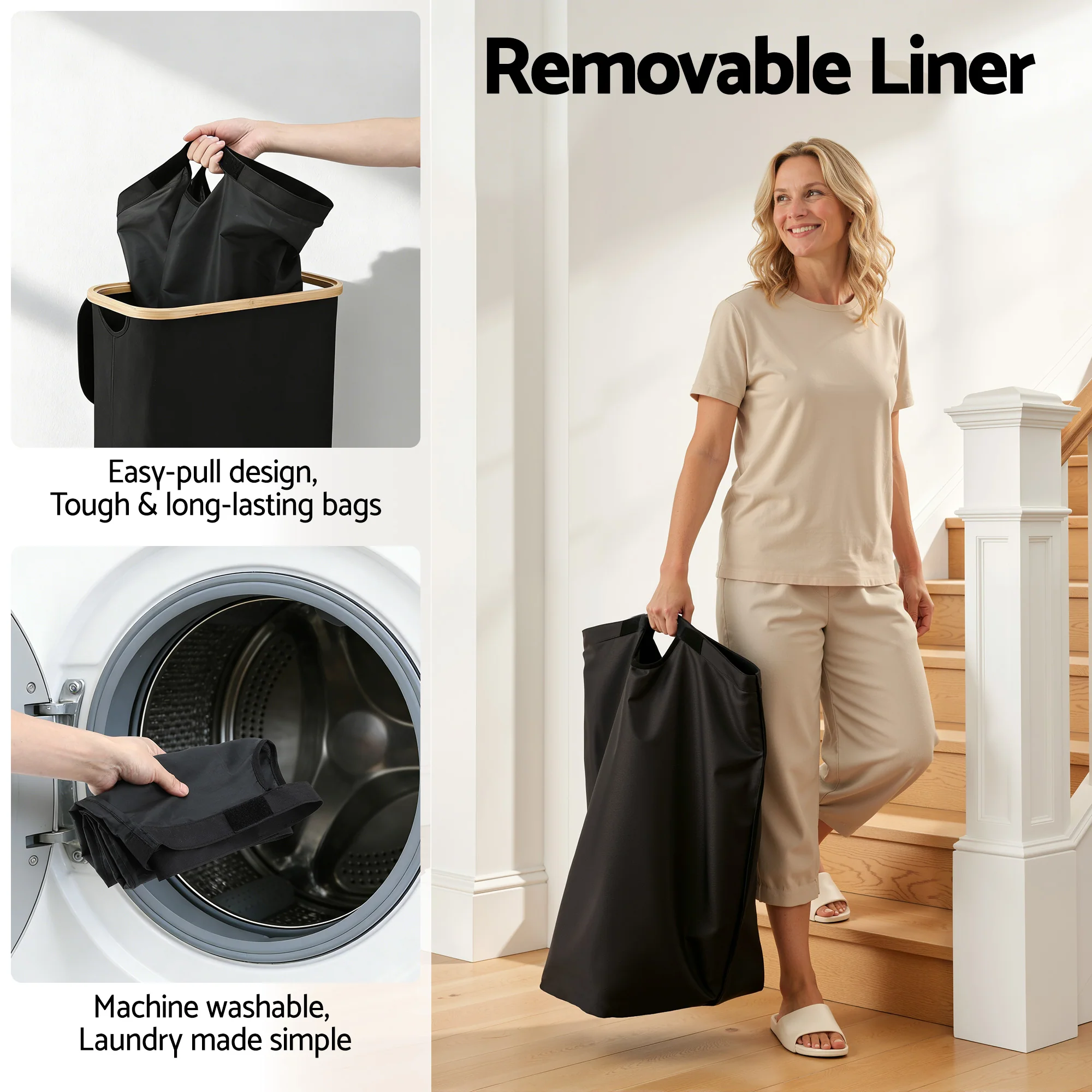 Artiss Laundry Basket with Removable Bag Foldable Black 60L - Image 6