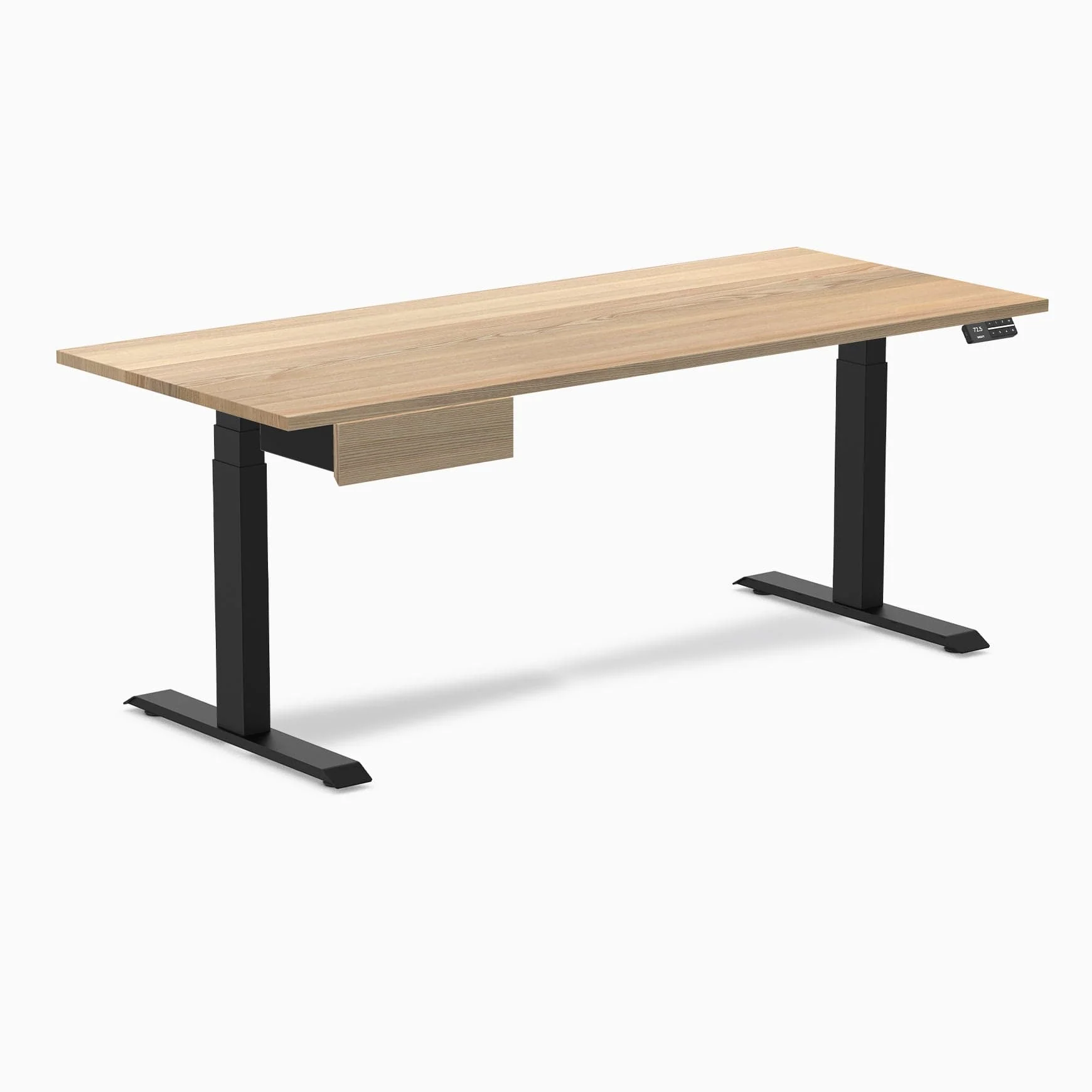 Desky Dual Hardwood Standing Desk With Drawer 180cm White Ash Desktop and Matte Black Frame