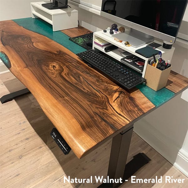 Desky Dual Resin Hardwood Sit Stand Desk 200cm Natural Walnut Emerald River Desktop and Matte Black Frame - Image 2