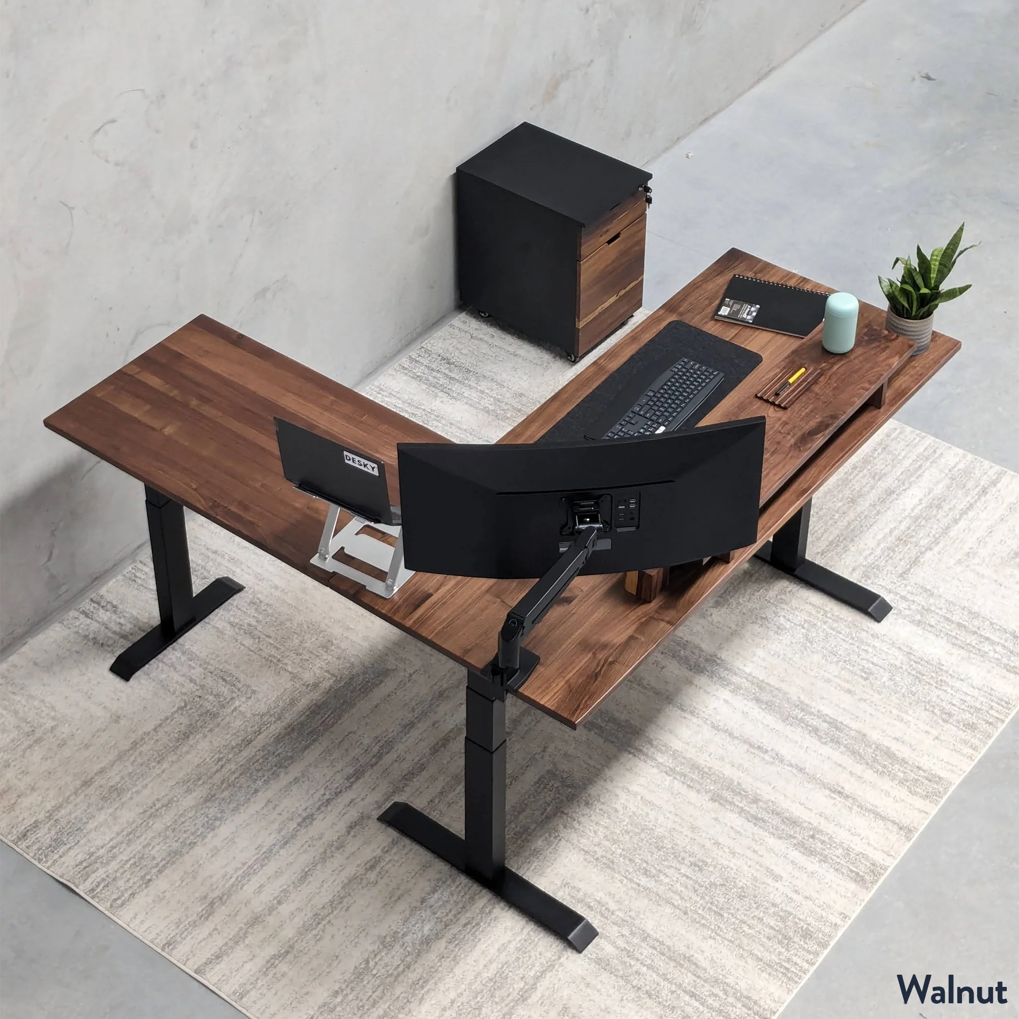 Desky Hardwood L-Shape Sit Stand Desk 150 x 155 cm Maple / Space Grey Top and Space Grey Leg - Image 2