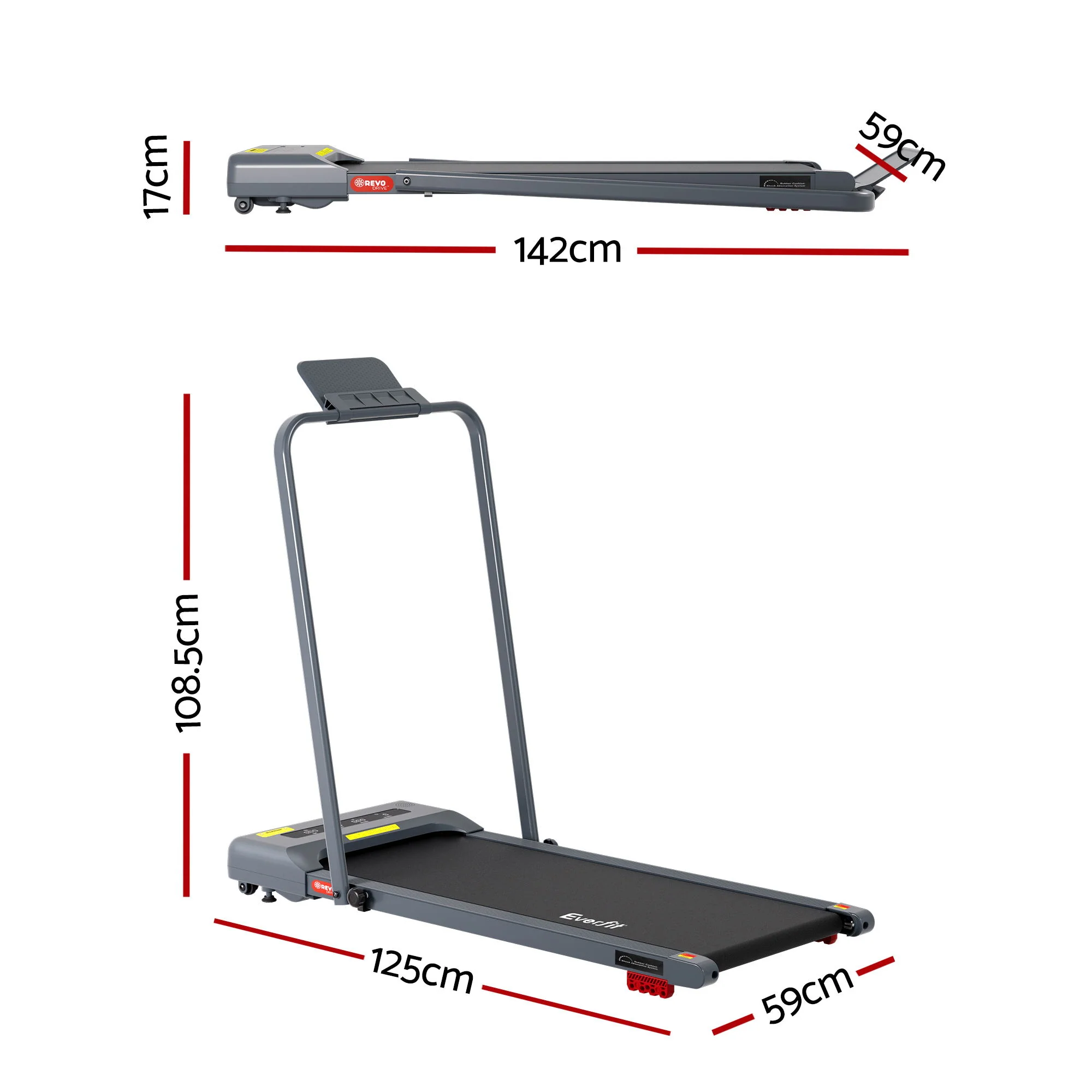 Everfit Treadmill Electric Walking Pad Incline Under Desk 380mm (Grey) - Image 3