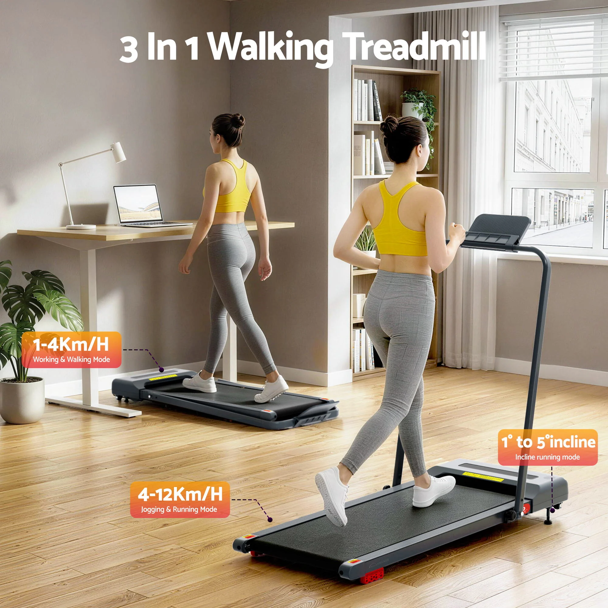 Everfit Treadmill Electric Walking Pad Incline Under Desk 380mm (Grey) - Image 5