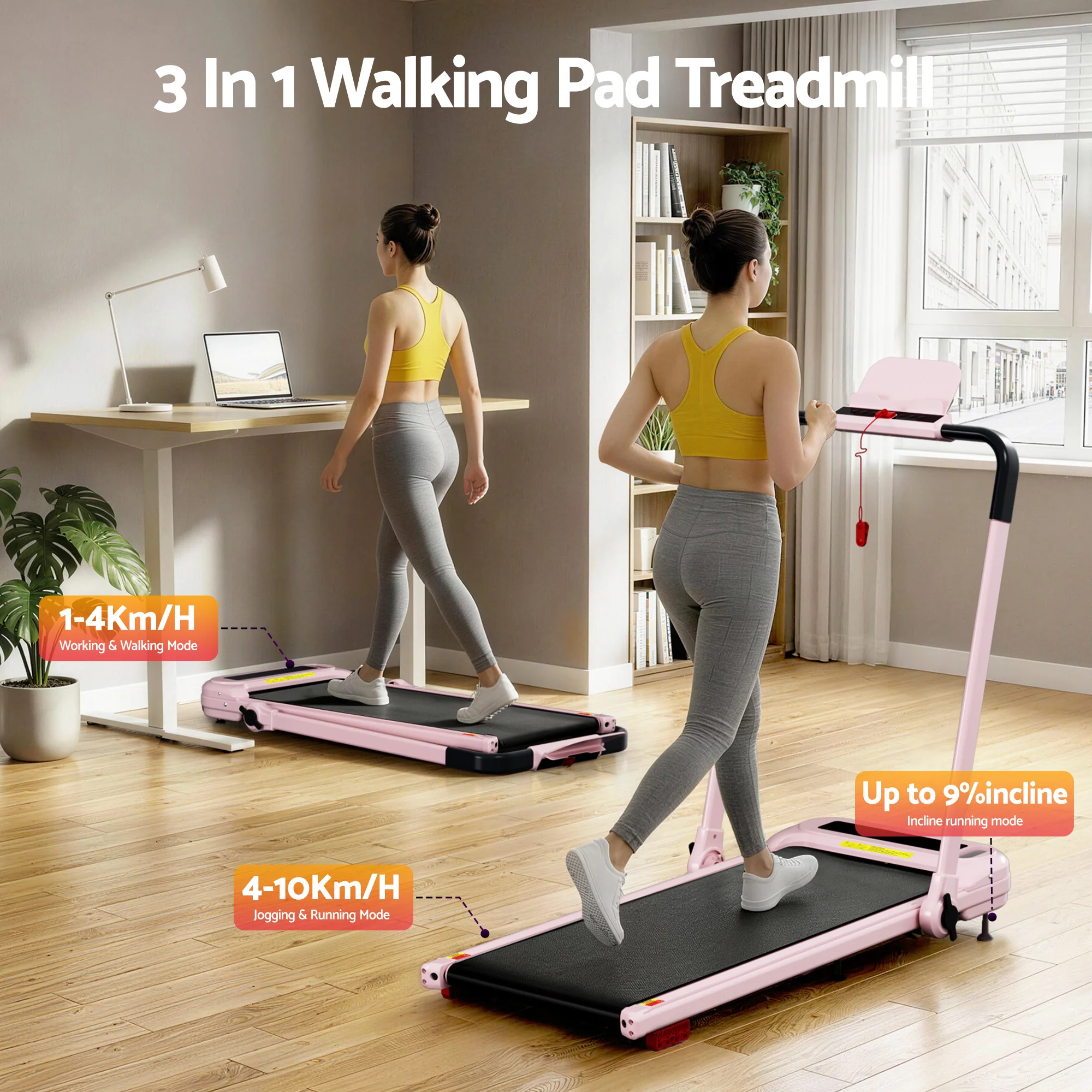 Everfit Treadmill Electric Walking Pad with Incline Foldable for Home Gym (Pink) - Image 3
