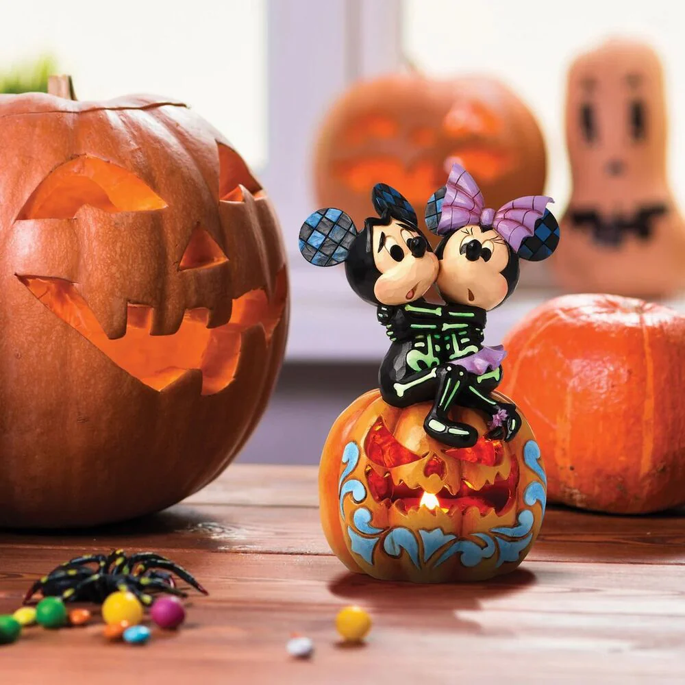 Jim Shore Disney Traditions - Mickey and Minnie Scared Skeletons LED Pumpkin - Image 2