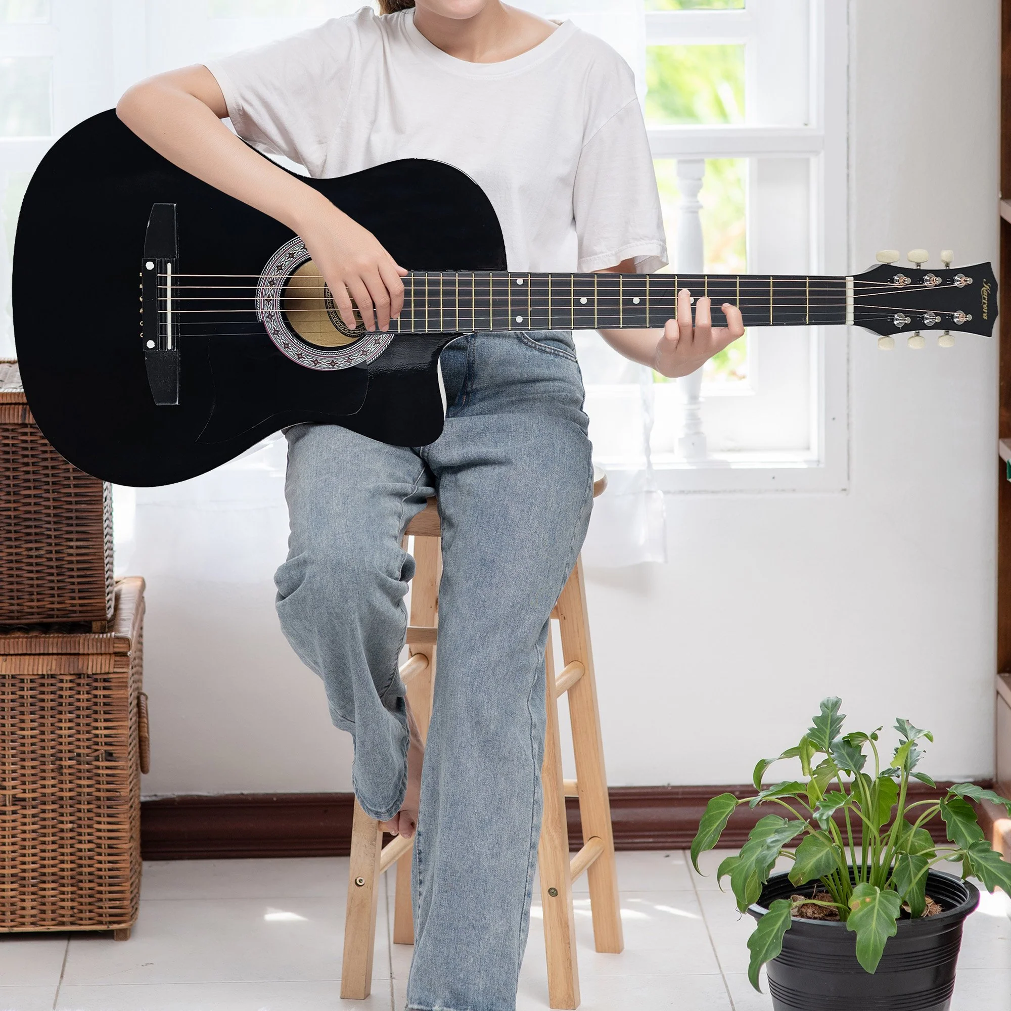 Karrera 38" Cutaway Acoustic Guitar with Carry Bag (Black) - Image 10