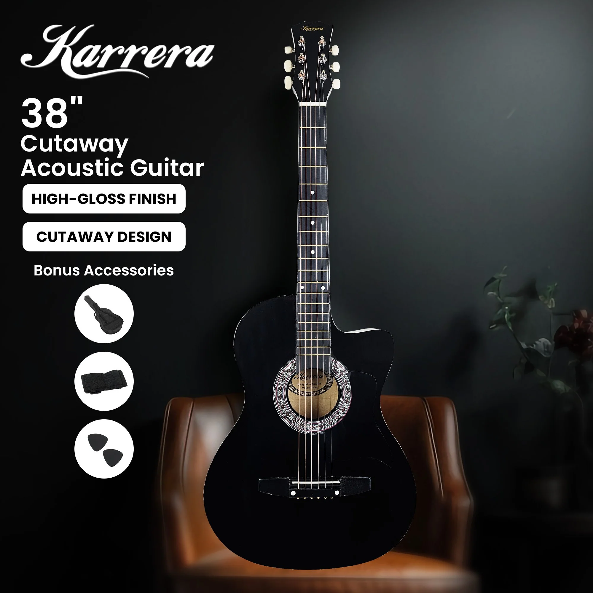 Karrera 38" Cutaway Acoustic Guitar with Carry Bag (Black) - Image 4