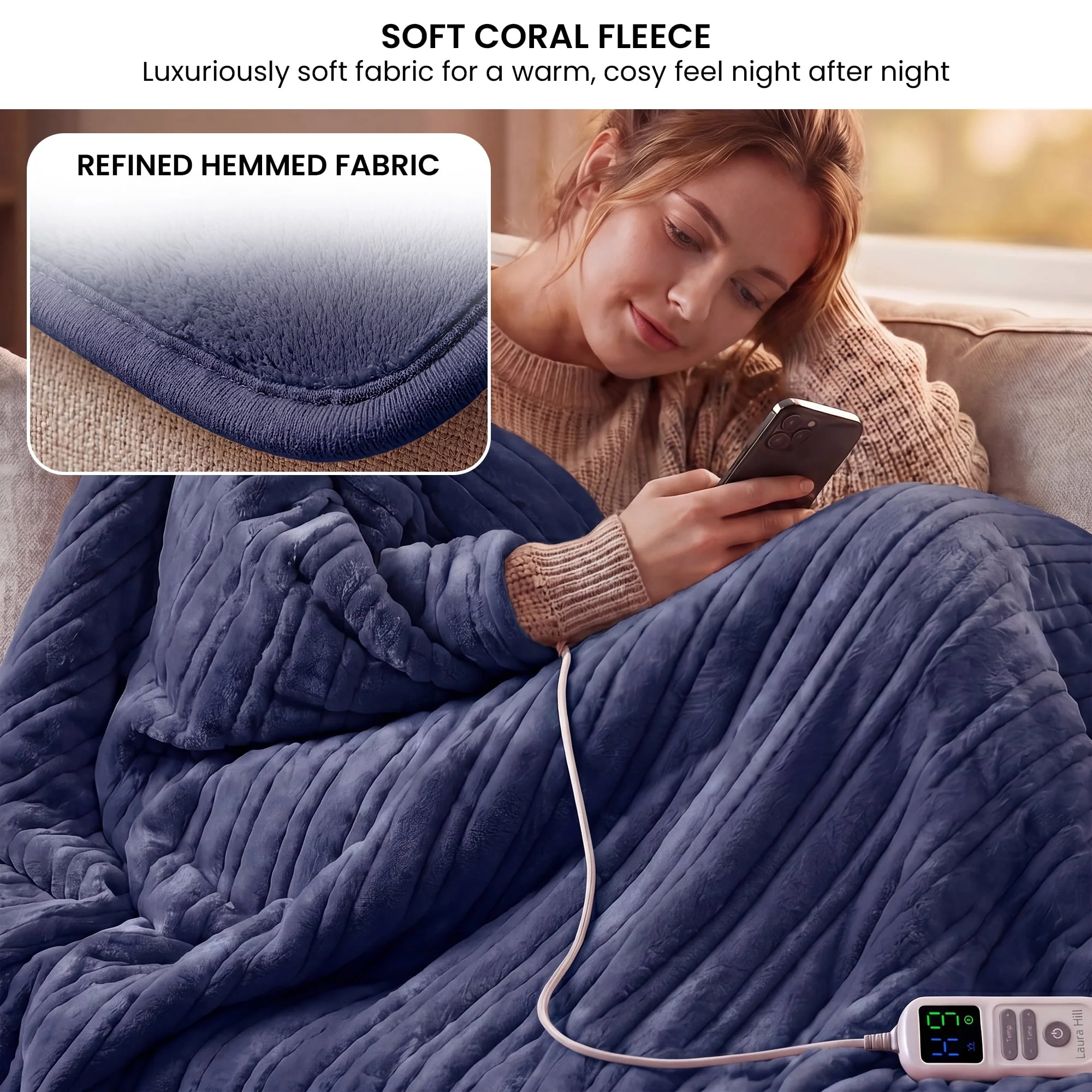 Laura Hill XL Electric Heated Blanket Throw Rug Soft Coral Fleece 10 Heat Settings - Blue - Image 3