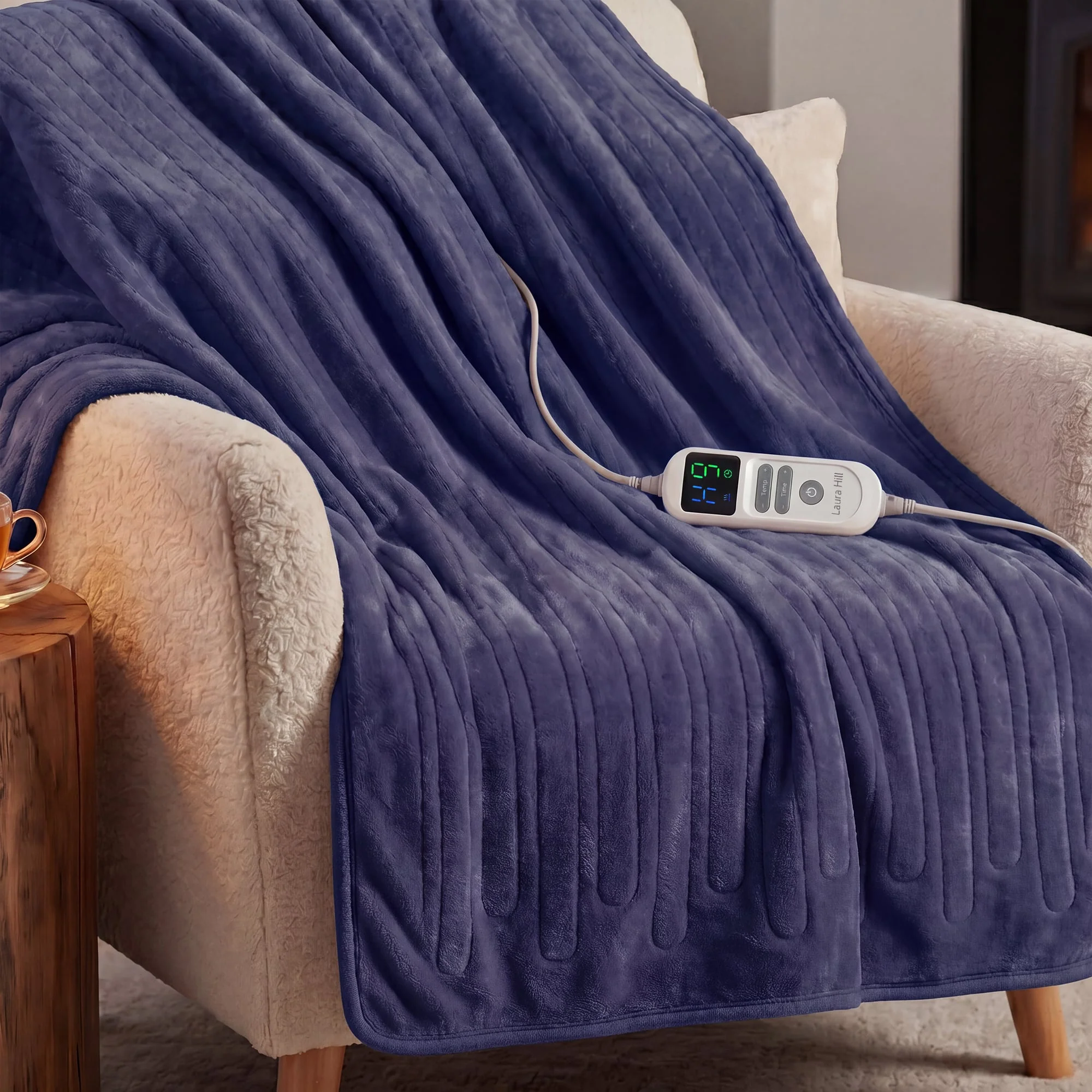 Laura Hill XL Electric Heated Blanket Throw Rug Soft Coral Fleece 10 Heat Settings - Blue - Image 6