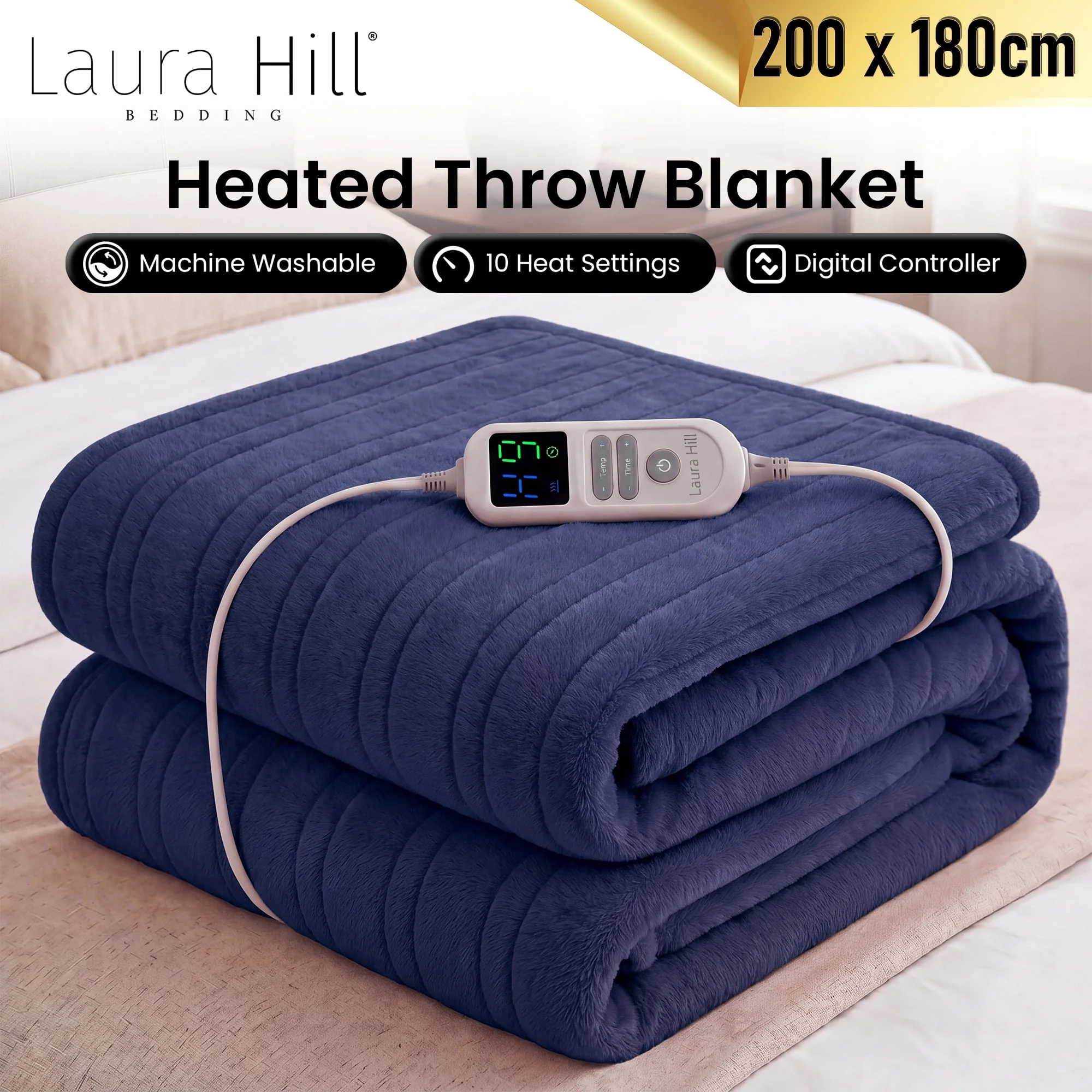 Laura Hill XL Electric Heated Blanket Throw Rug Soft Coral Fleece 10 Heat Settings - Blue - Image 8