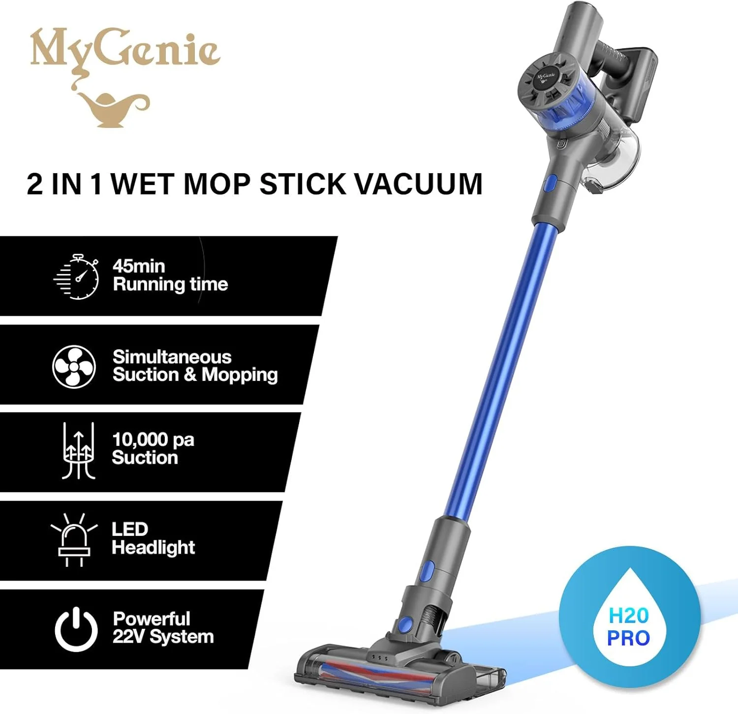 Mygenie H20 Pro Wet Mop 2-in-1 Cordless Stick Vacuum (Blue) - Image 3