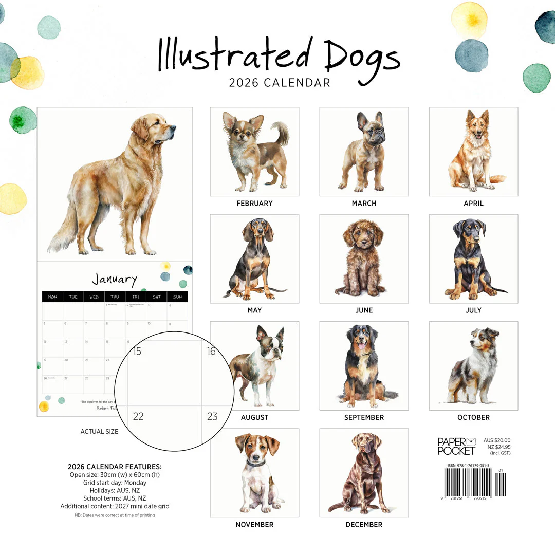 Paper Pocket Illustrated Dogs 2026 Calendar - Image 4