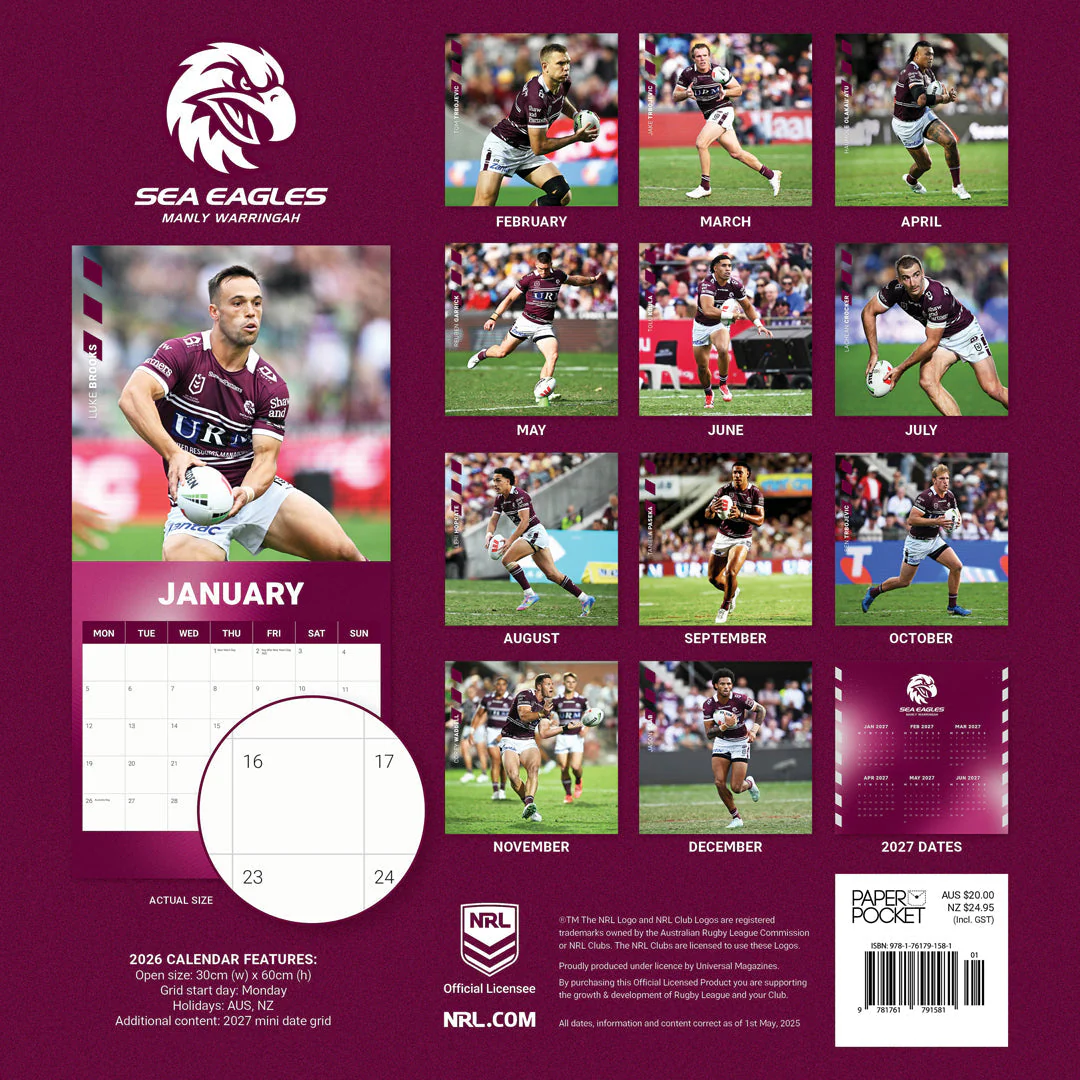Paper Pocket NRL Manly Sea Eagles 2026 Calendar - Image 4