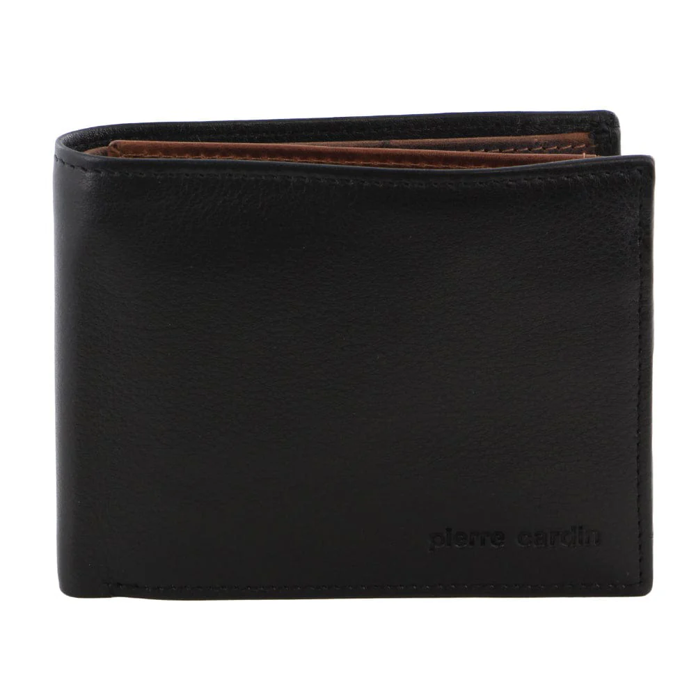Pierre Cardin Men's Italian Leather RFID Tri-Fold Wallet 12cm Black Cognac