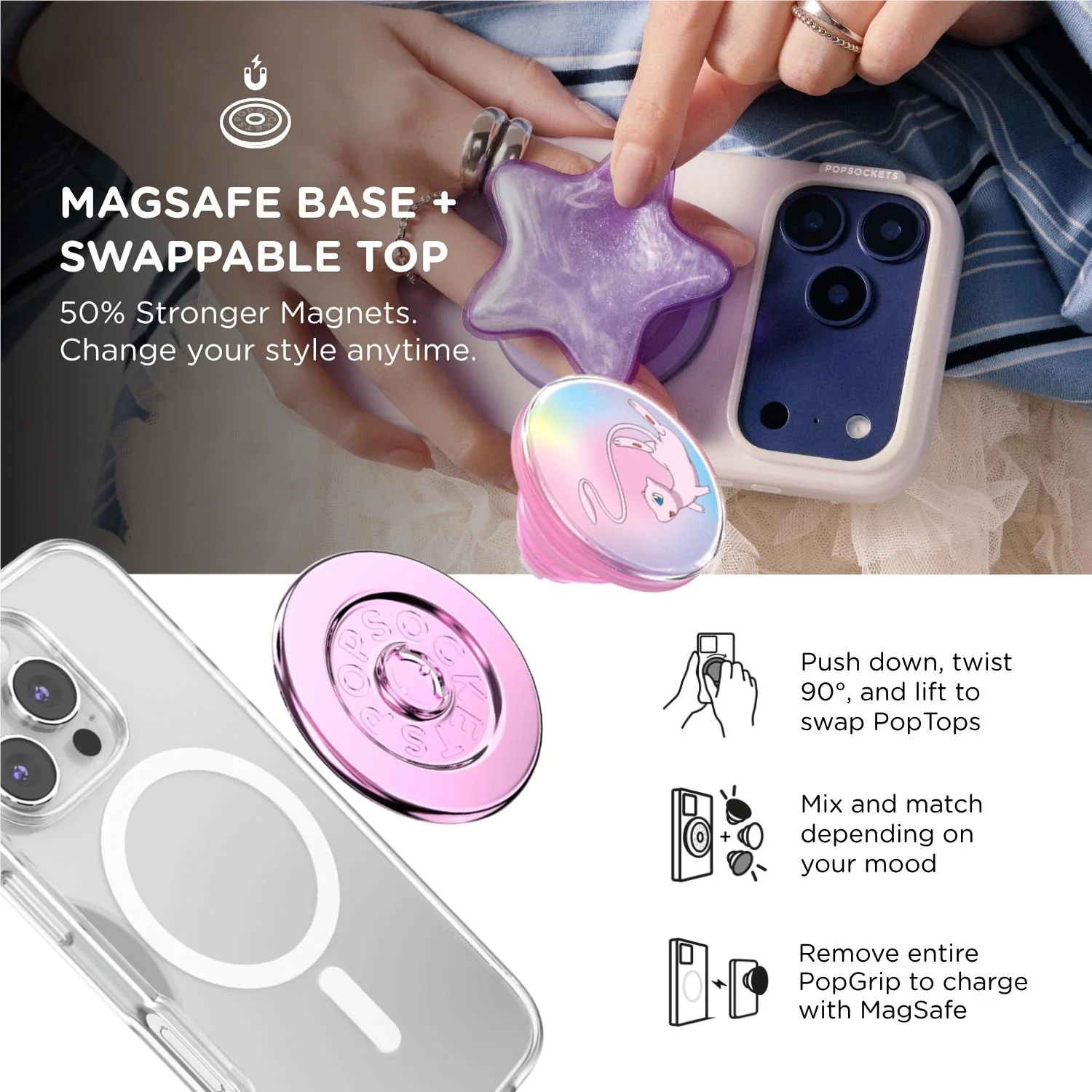 Pokemon X PopSockets PopGrip MagSafe Phone Grip/Stand with Swappable Top (Backspin Mew) - Image 6