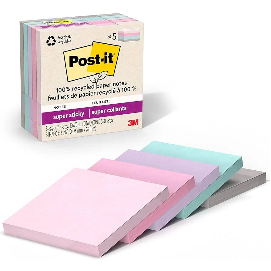 Post-It 654R-5SSNRP Recycled Super Sticky Notes 76x76mm Wanderlust Pastels Collection 30 Pads Pack - Image 2