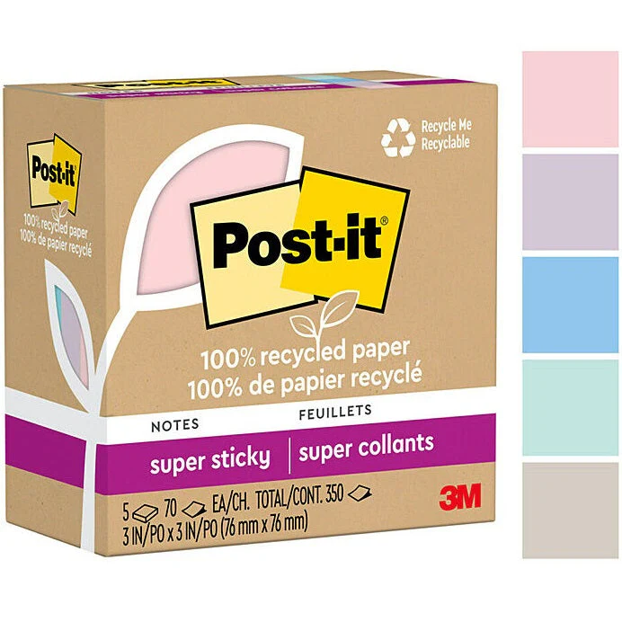 Post-It 654R-5SSNRP Recycled Super Sticky Notes 76x76mm Wanderlust Pastels Collection 30 Pads Pack - Image 3