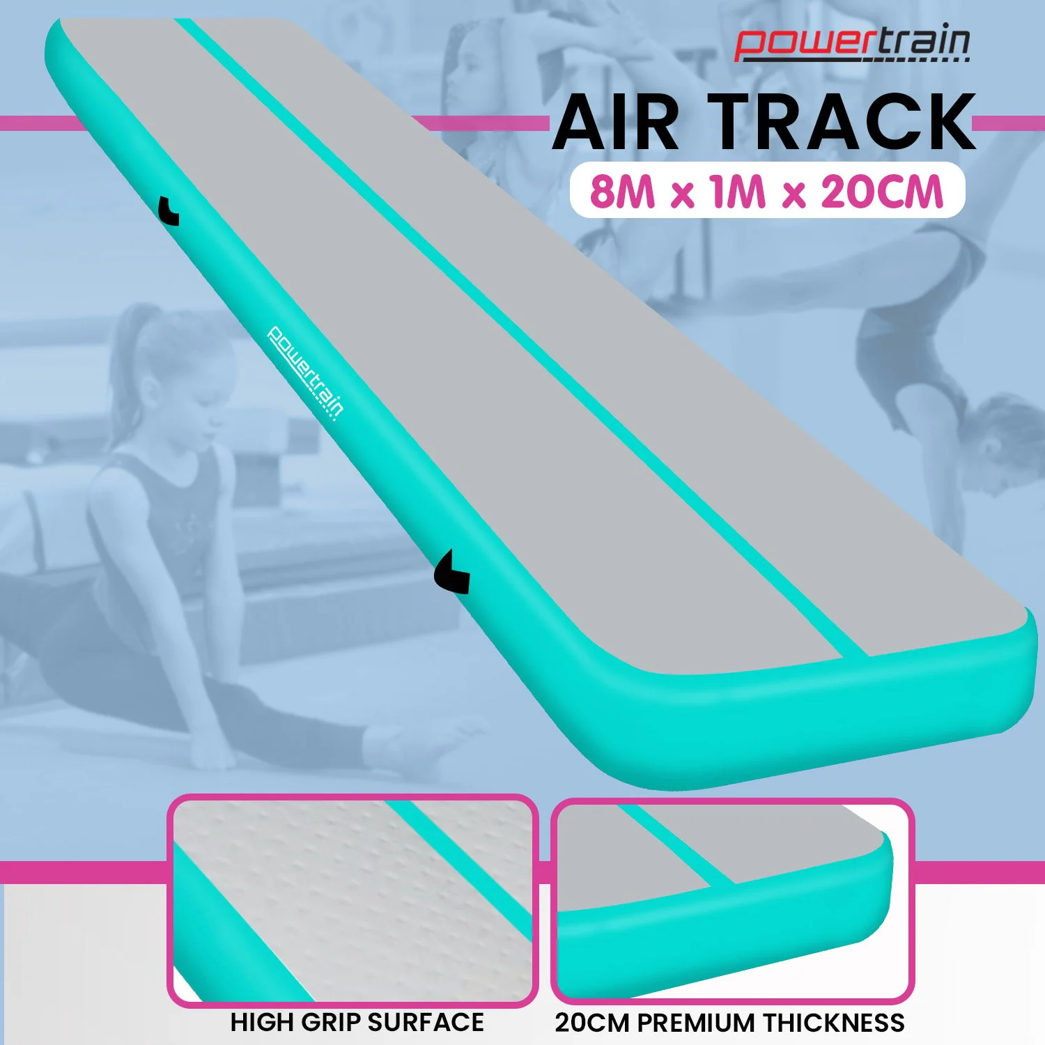Powertrain 8m x 1m x 20cm Air Track Inflatable Gymnastics Mat Tumbling (Grey Green) - Image 10