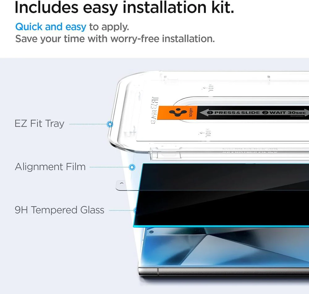 Spigen Samsung Galaxy S24 Ultra EZ Fit GLAS.tR Privacy 2PCS Glass Screen Protector - Black - Image 4